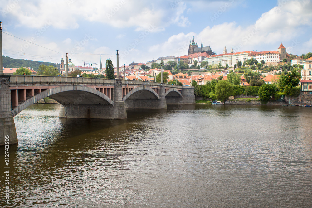 Prague Castle and Charles Bridge in Prague across the river Vltava