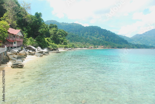 Beautiful turquoise and clear sea and sandy beach of Tioman island, Malaysia