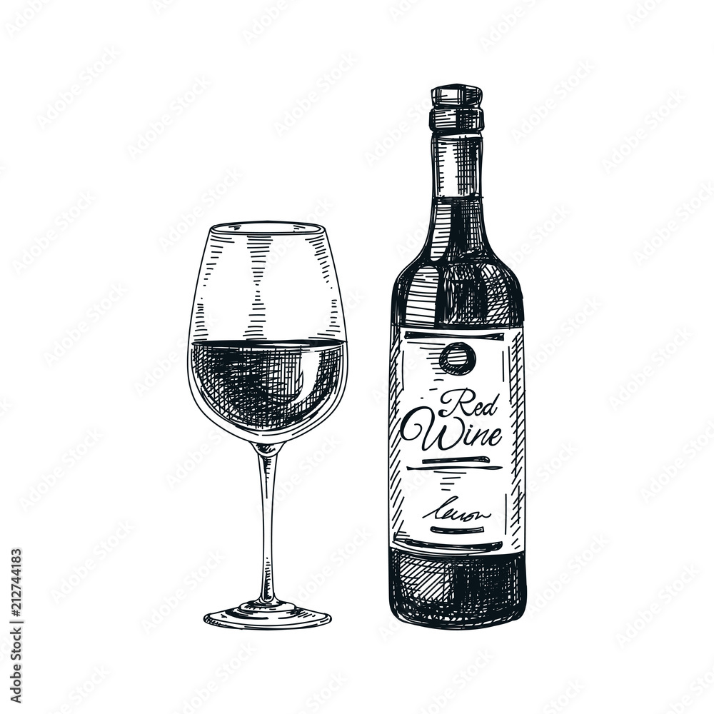 Fototapeta premium vector hand drawn glass and bottle of wine Illustration