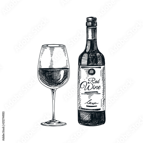 vector hand drawn glass and bottle of wine Illustration