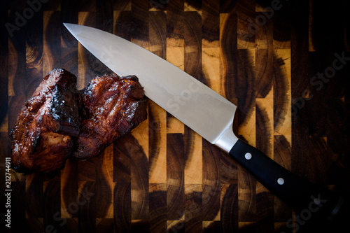 Char Siu with Knife on Butcher's Block
