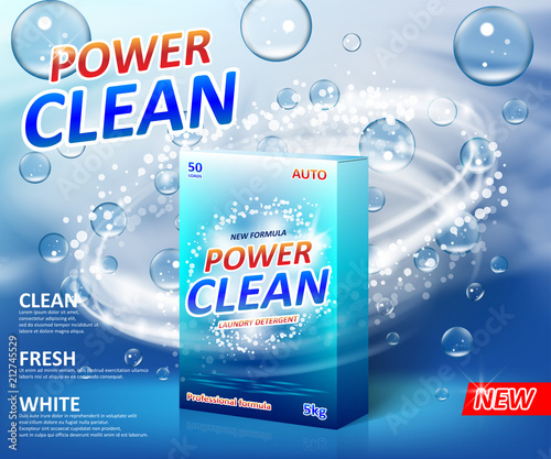 Powder laundry detergent Advertising poster. Washing powder carton box package label template with soap bubbles. Stain remover Cleaner design for bathroom. Vector illustration