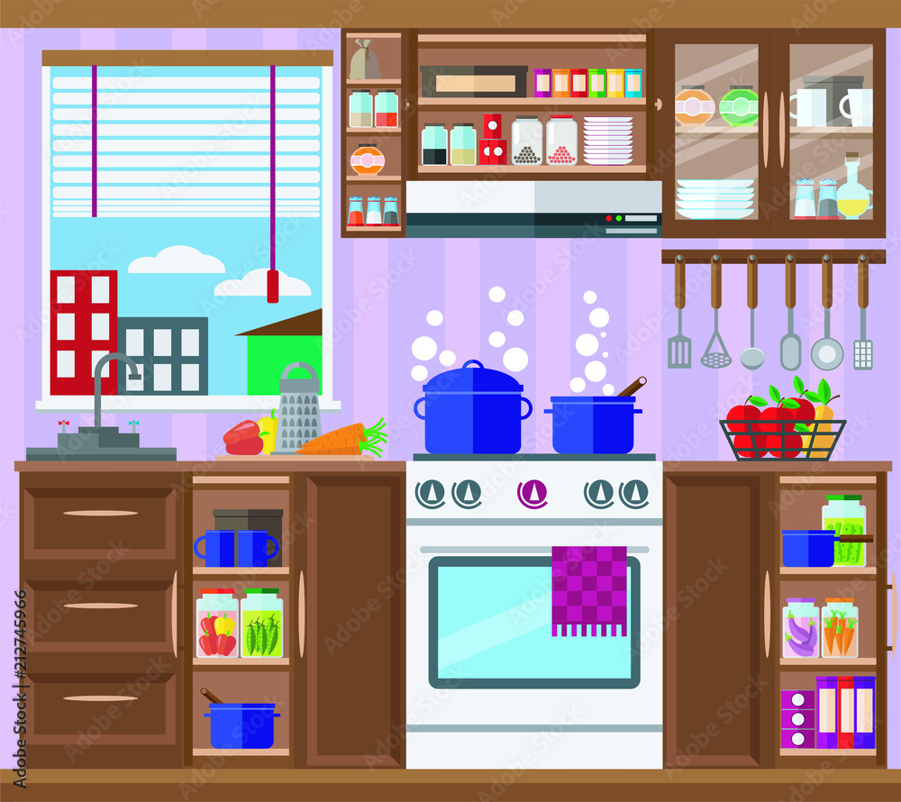 The interior of a cozy home kitchen with lockers, sink, stove and kitchenware. Vector illustration.