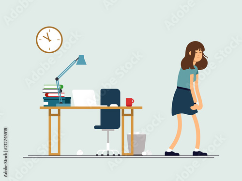Vector illustration young tired woman, sleepy mood, weak health, mental exhausted. Concept illustration female character is very tired after work day.