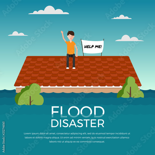 Flood disaster with human and help me banner on roof of the house vector design