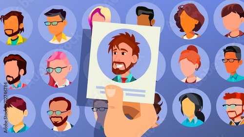 Human Recruitment Vector. Man. Business Man Picked In Recruitment. Pick Up. Individual. Group Of Businesspeople. HR Process. Cartoon Illustration