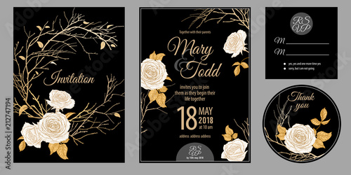 Invitations, thank you, rsvp templates cards with flowers roses.