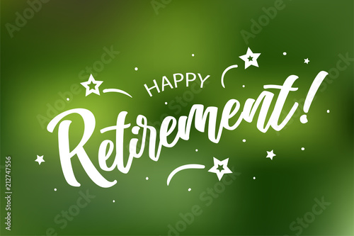 Happy Retirement card. Beautiful greeting scratched calligraphy white text word stars. Hand drawn invitation design. Handwritten modern brush lettering green bokeh lights background vector