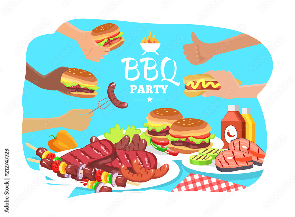 BBQ Party Poster, Colorful Vector Illustration