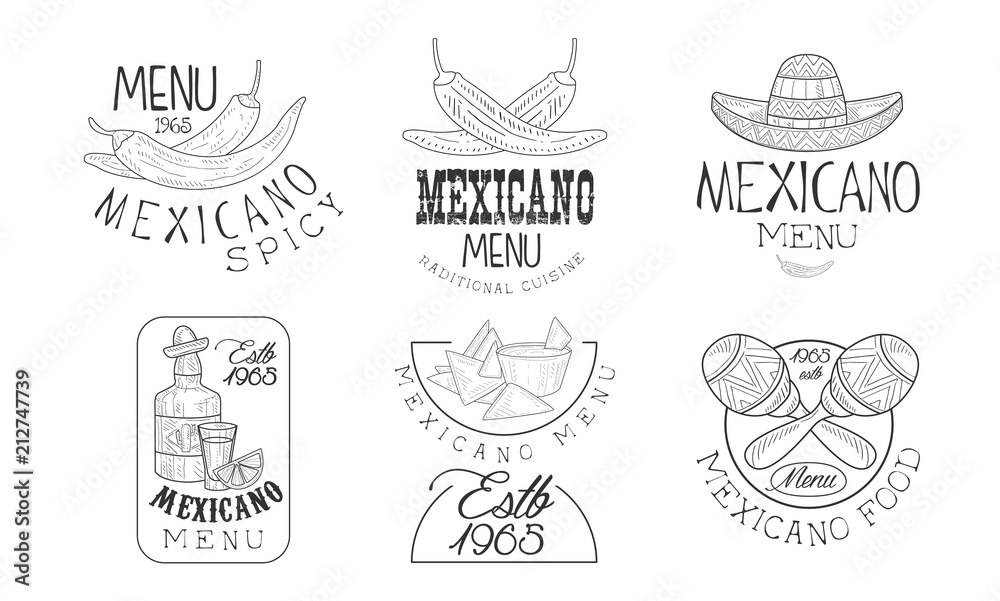 Vector set of 6 sketch style emblems for Mexican restaurant. Original logos with traditional food, tequila bottle, sombrero hat and maracas