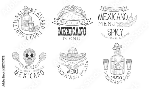 Original vector Mexican logos for restaurants. Monochrome emblems with traditional food and drink, maracas and skull