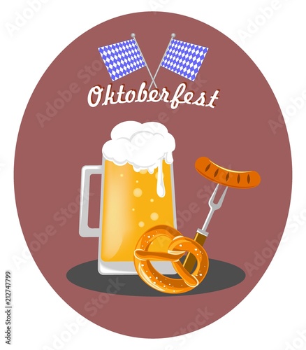 a beer mug, a sausage on a fork with a bretzel and Bavarian flags to the Oktoberfest