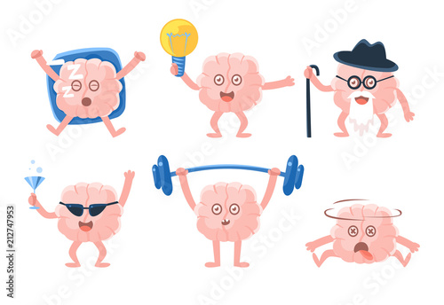 Flat vector set of funny humanized brains with arms and legs in different actions. Human internal organ. Stickers for social network