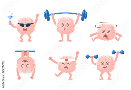 Flat vector set of humanized brains with arms and legs in different actions. Funny cartoon characters. Emoji for social network