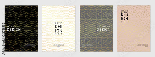 Vector set of cover design template with minimal golden geometric patterns.