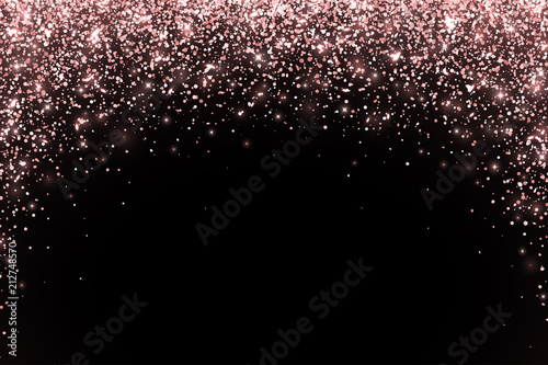 Rose gold falling particles on black background, arch form. Vector