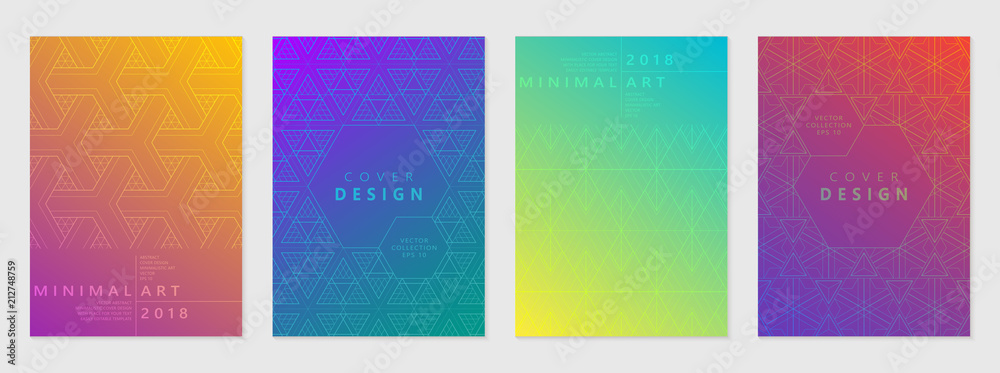 Vector set of cover design template with minimal geometric patterns, modern different color gradient.