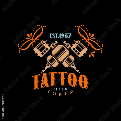 Tattoo studio logo design template estd 1987, retro styled emblem with tattoo machine vector Illustration