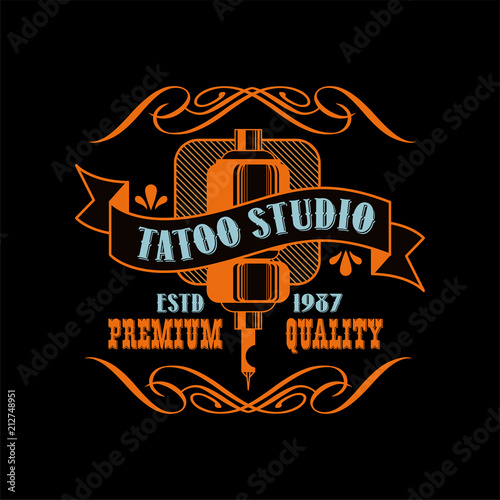 Tattoo studio logo design premium quality estd 1987, retro styled emblem with with professional equipment vector Illustration