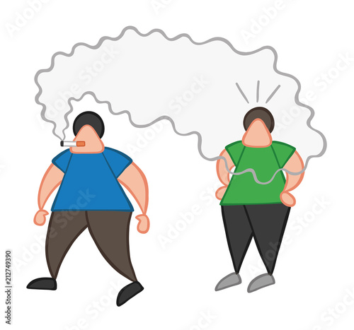 Vector cartoon man walking and bothering other man with smoke of cigarette