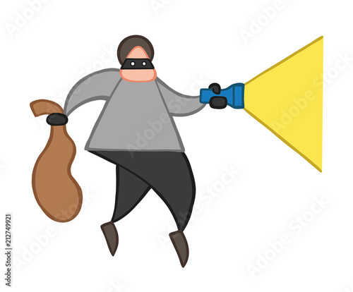 Vector cartoon thief man with face masked walking and holding flashlight and sack