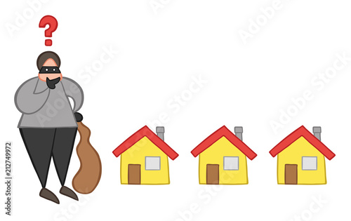 Vector cartoon thief man with face masked with sack and thinking which house to choose for theft