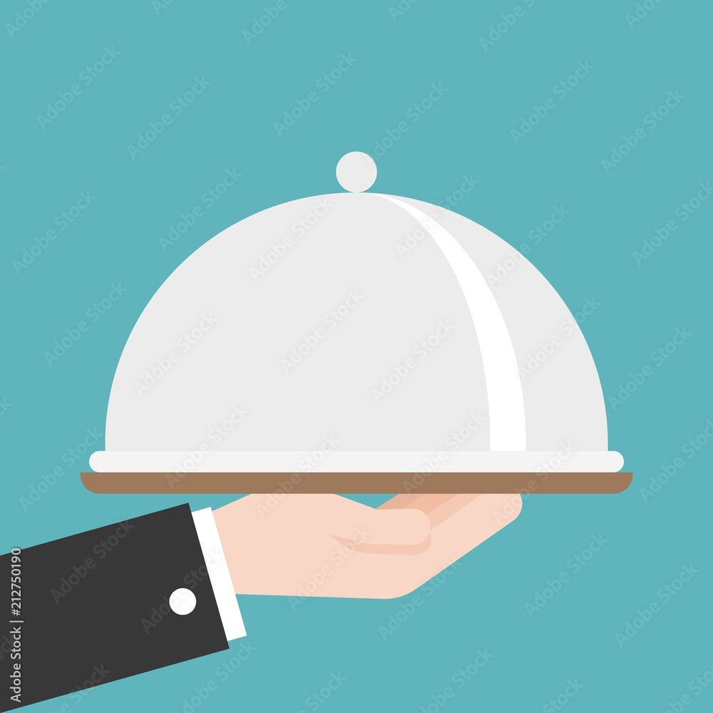 Fototapeta premium waiter or business Hand holding cloche, flat design