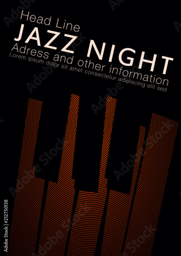 Jazz night dark blue and white poster design with concentric circles and piano keys 