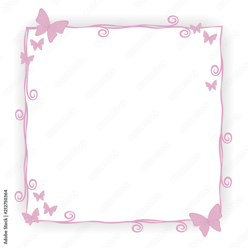 thin pink princess frame border stroke beauty with small pink butterflies curls spirals cute simple geometric square with shadow objects isolated on white background