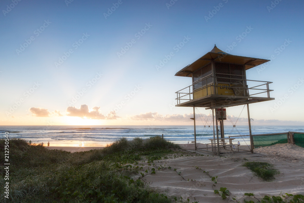 Lifeguard patrol tower on the beach at sunrise, Gold Coast Australia