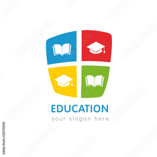 Online education logo template, open book and square academic cap. University or school learning logo template design. Vector illustration