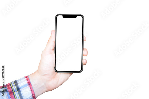 Black smartphone with an isolated white display for product or app mockup in the left hand. White background