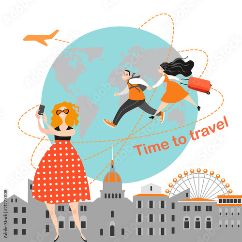 Happy people travel together visiting different places. Cartoon girl makes selfie. Vector illustration on urban background.