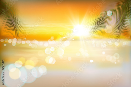View of a tropical beach. Sunrise. Vector Illustration. 