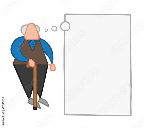 Vector cartoon old man standing with wooden walking stick and dreaming or thinking with blank thought bubble