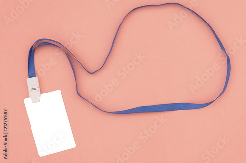 Blank badge card mockup ID tag of staff employee business, empty tag name for hanging on neck with ribbon string .