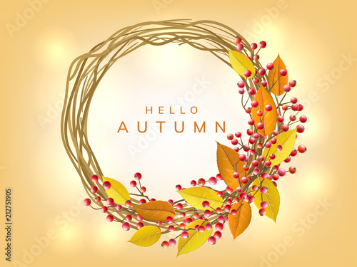 Autumn round wreath with branches, leaf, and red berry. Vector illustration with fall color for autumn and nature related design