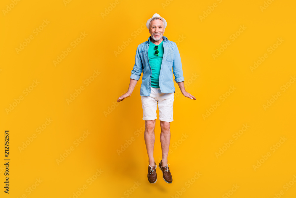 Delight rejoice emotion facial expressing enjoy victory concept. Full length size photo portrait of cute handsome lovely glad nice adorable grandpa granddad jumping up isolated bright background Delight rejoice emotion facial expressing enjoy victory concept. Full length size photo portrait of cute handsome lovely glad nice adorable grandpa granddad jumping up isolated bright background