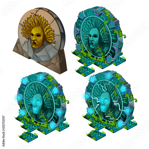 Set of artifacts in the shape of a round portal with a relief face of a man with glowing ornament isolated on white background. Vector illustration.