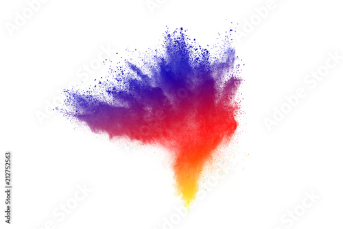 Freeze motion of colored powder explosions isolated on white background.