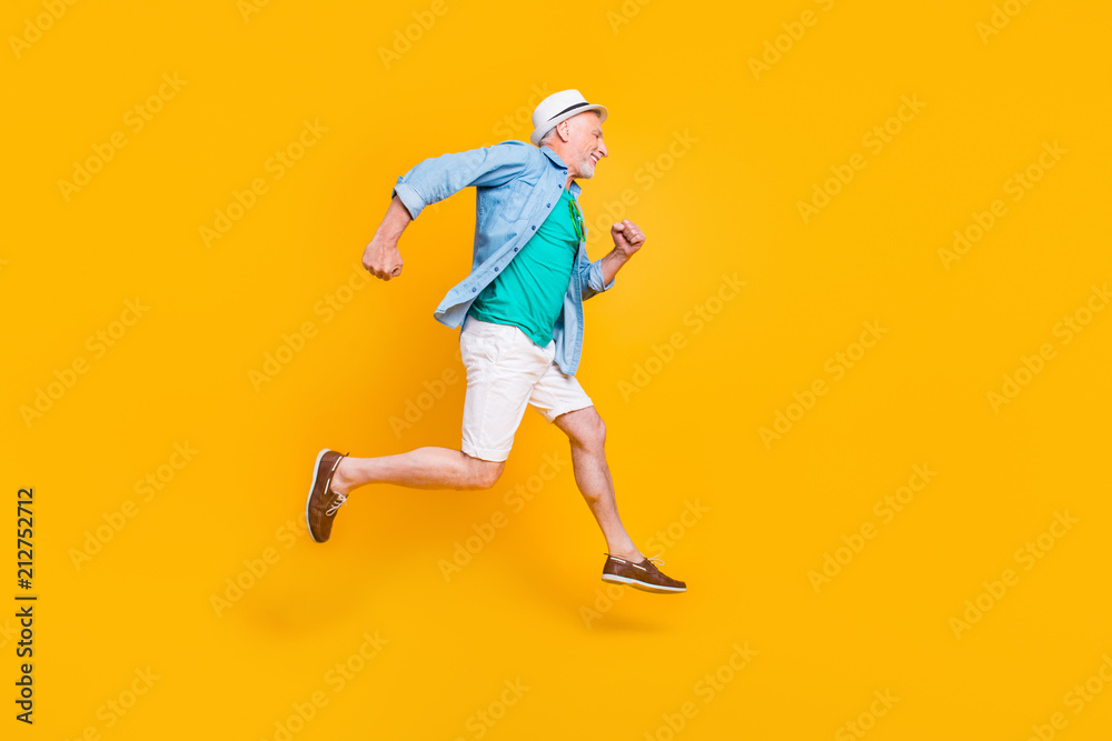 Healthcare cardio motion studio joy fun freedom concept. Profile full length size view photo portrait of cheerful joyful funny with bristle rejoicing gentleman running in space isolated background