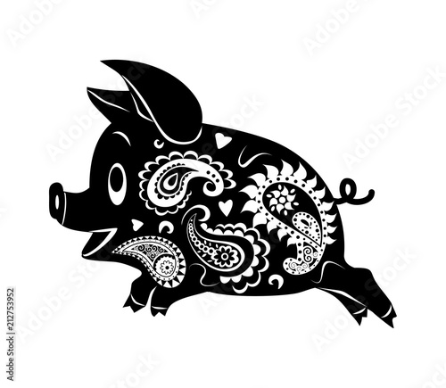 Abstract drawing of a running pig. Ornament