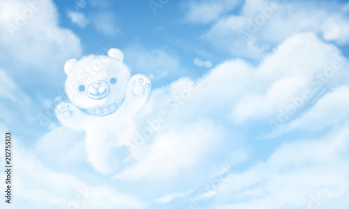 Teddy bear-shaped clouds on blue sky background.