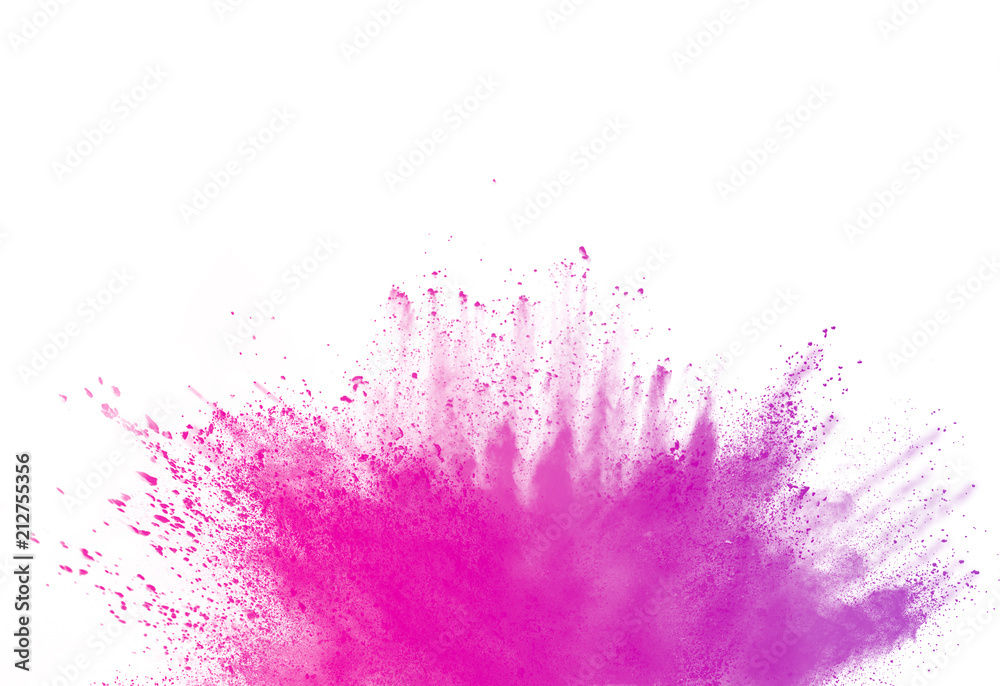 Freeze motion of pink powder explosions isolated on white background.
