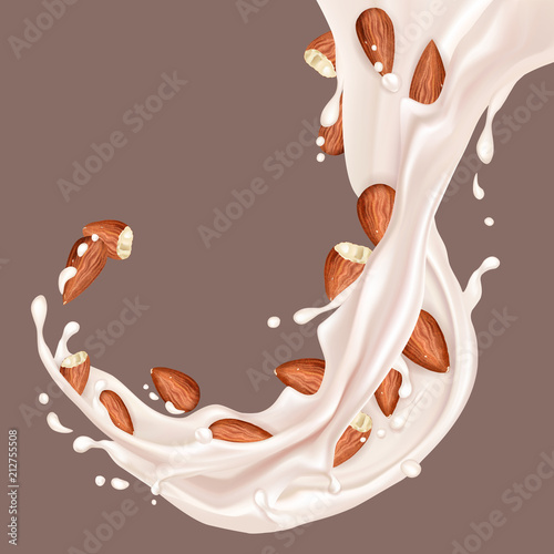Almond milk. Realistic Milk splash with almonds. Vector illustration for advertising or packaging cosmetics or dairy products.