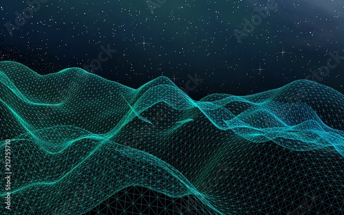 Star horizon. Abstract landscape on a dark background. Cyberspace grid. Hi-tech network. Outer space. Starry outer space texture. 3D illustration