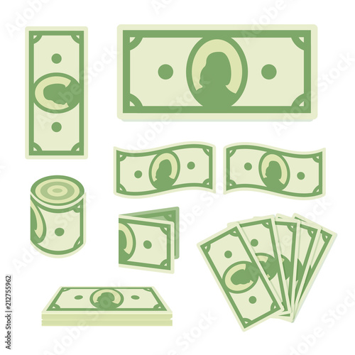 Green dollar banknotes set on white background. Paper money collection. Cash icon. Flat style.