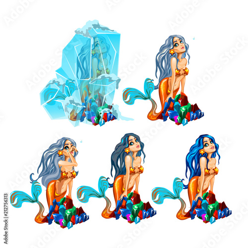 Stages of aging beauties mermaids. Beautiful mythical woman isolated on white background. Vector cartoon close-up illustration.