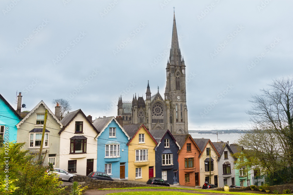 Cathedral  and colored houses in Cobh, Ireland