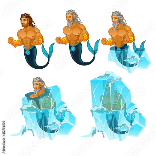 Stage of freezing and thawing of sailor mermaid man isolated on white background. Vector cartoon close-up illustration.